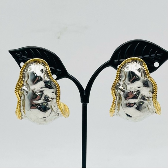 Bold Vintage Mixed Metal Molten Statement Clip Earrings Runway Avant Garde - Picture 7 of 16